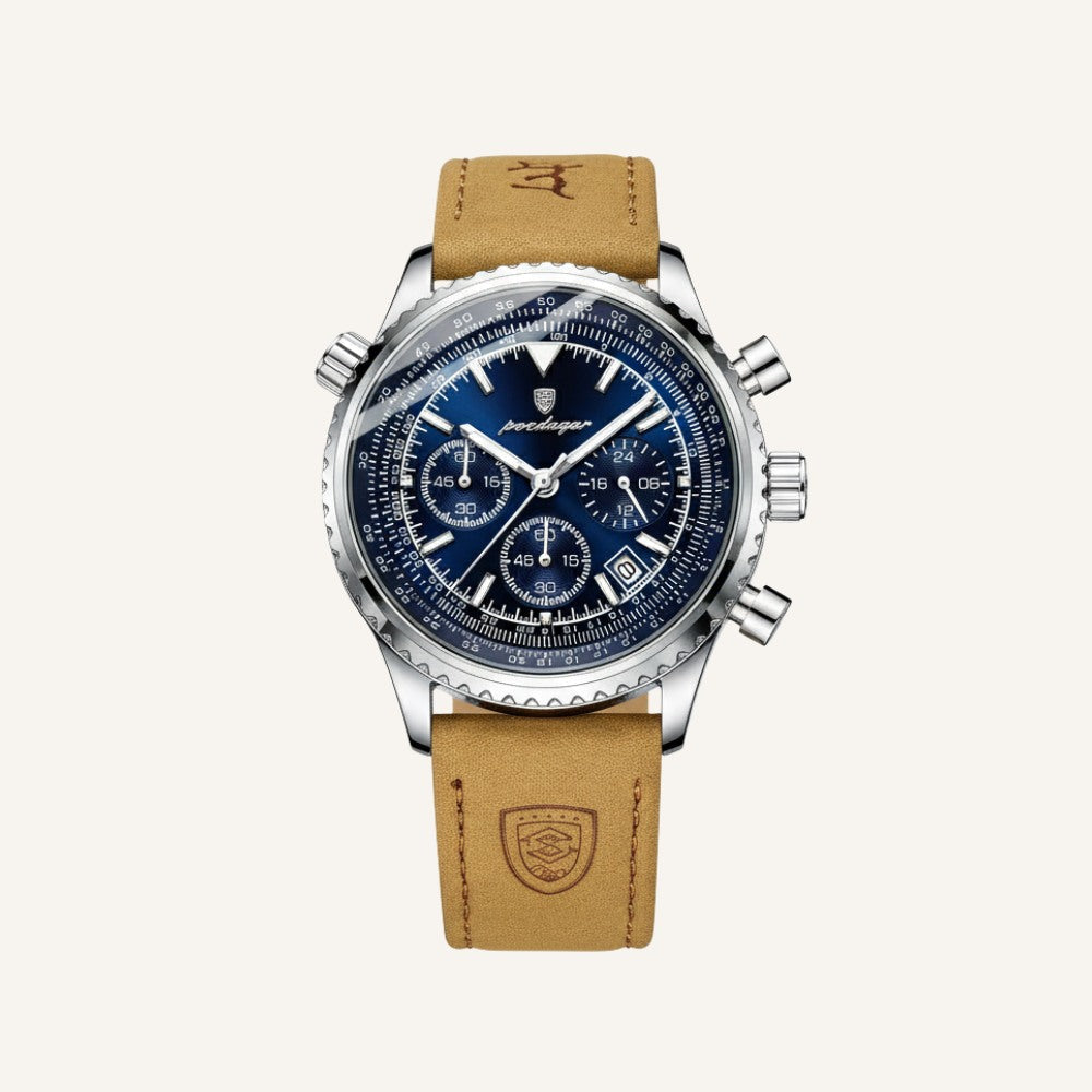 Mens Chronograph Leather Watch - Bellatour Blue
