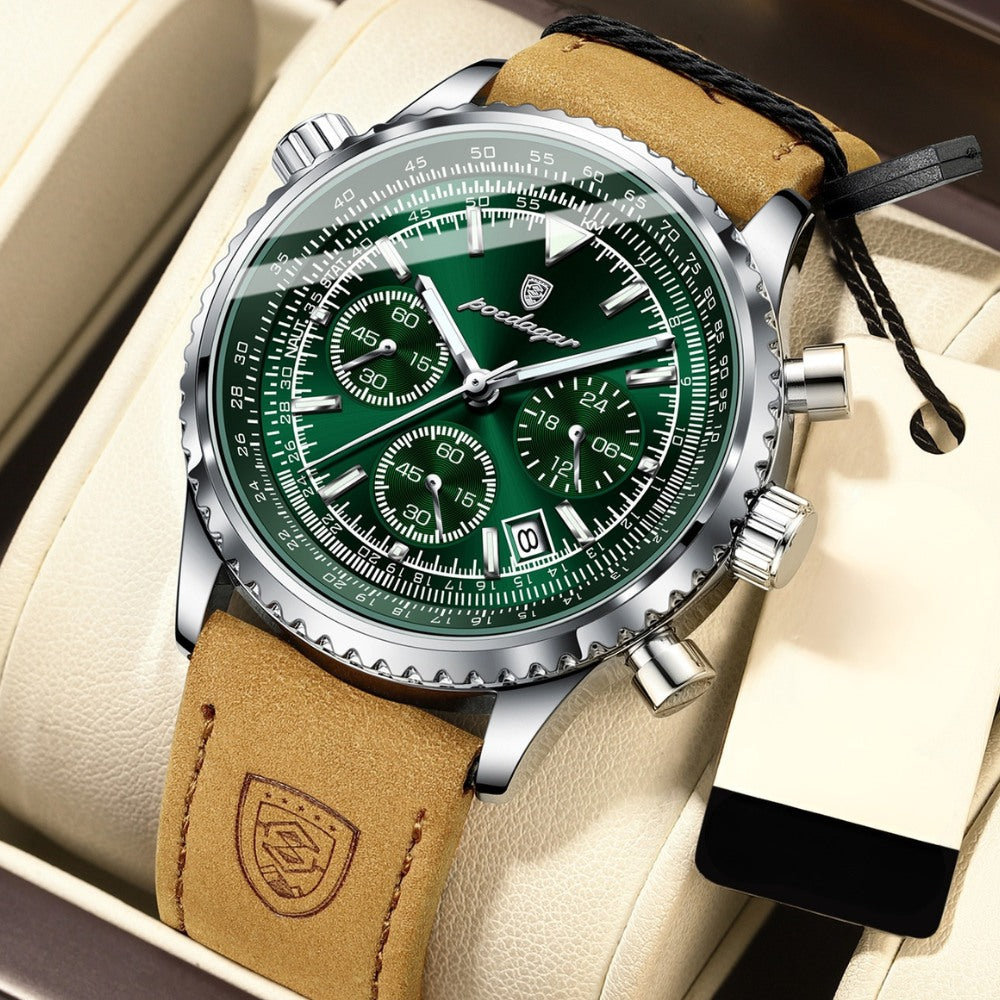 Mens Chronograph Leather Watch - Bellatour Green