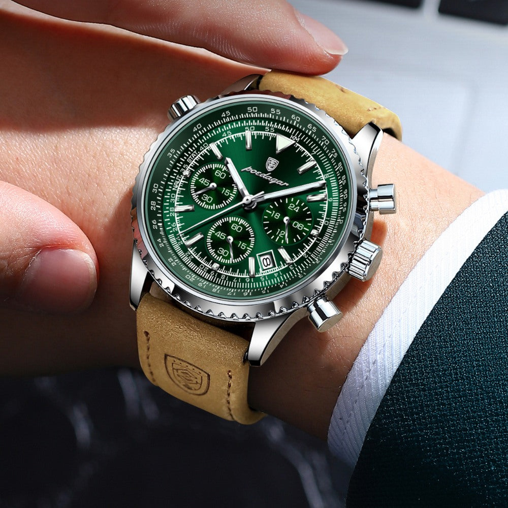 Mens Chronograph Leather Watch - Bellatour Green