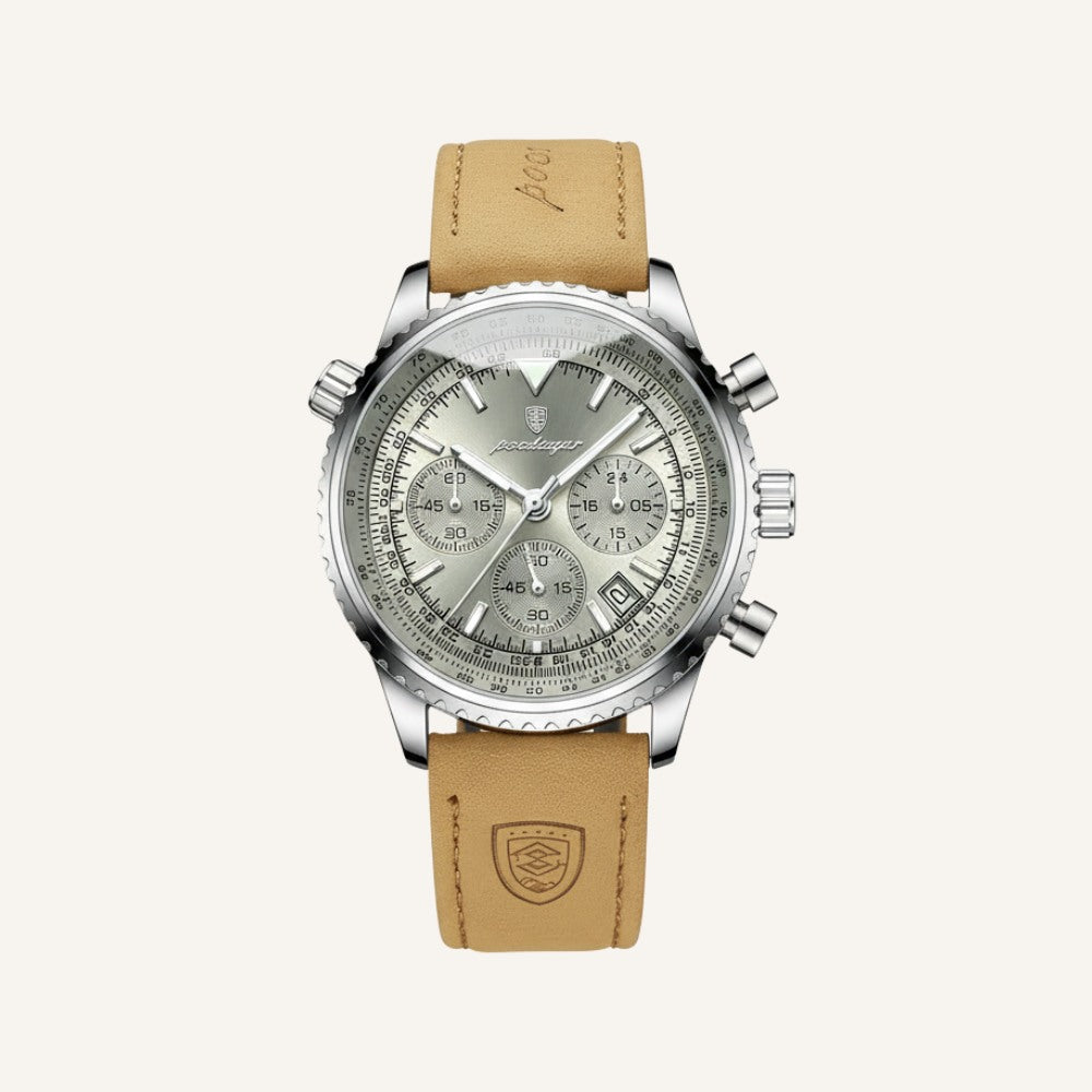 Mens Chronograph Leather Watch - Bellatour Silver