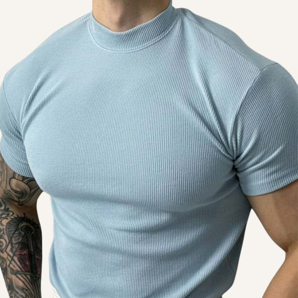 Mens Ribbed High Neck T-Shirt Clarence Light Blue